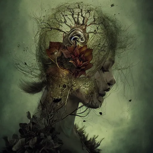 Image similar to Very very very very highly detailed epic portrait of someone with garden inside head by Brooke Shaden, intricate, dystopian, sci-fi, extremely detailed, digital painting, artstation, concept art, smooth, sharp focus, illustration, intimidating lighting, incredible art,