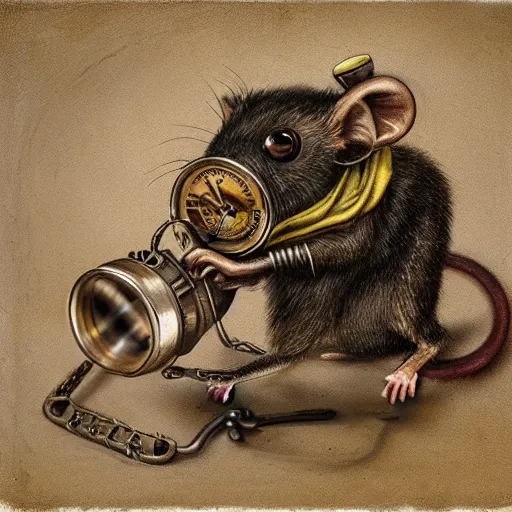 Image similar to a rat with steampunk googles, by Dan Witz