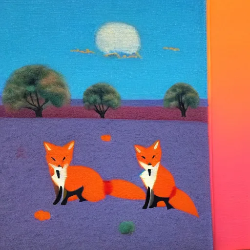 Prompt: foxes in a field made of cotton candy, orange sky