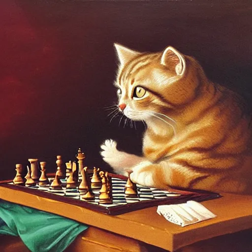 Prompt: Cat playing chess looking wise, rococo oil painting
