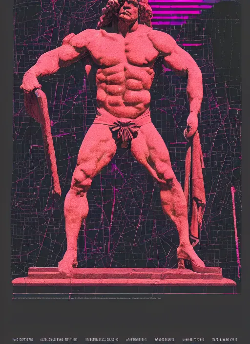 Prompt: design poster showing a statue of hercules, black background with very subtle red and purple design elements, powerful, nekro, vito acconci, graphic design, collage art, subtle thin lines, dark, glitch art, neo vaporwave, gritty, layout frame, square, trending on artstation