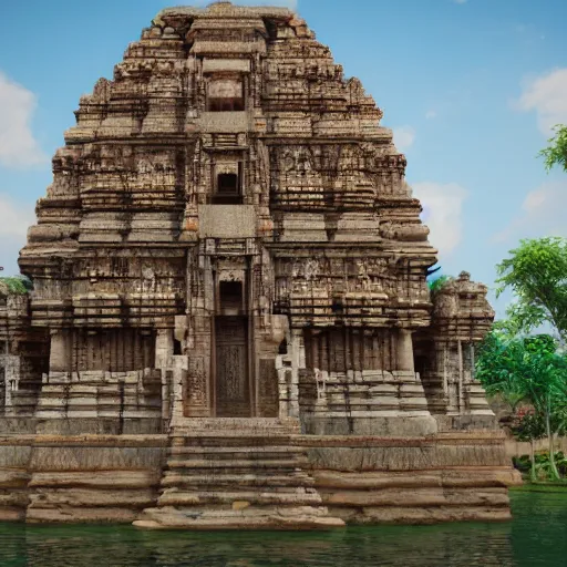 Prompt: 4 k unreal engine render of an ancient never seen before indian high detail temple. complex architecture with intricate pilars. high detailed water. flowers. overview, trending on artstation