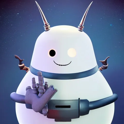 Image similar to a mechanical moomin with big head and horns, space style, metal, 3D art, in style of Baymax, smooth, 8k