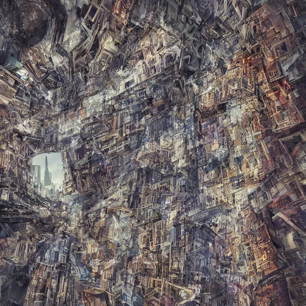 Prompt: dream dream dream intricate unreal foreshortened perspective, mixed media, time shift, its a deep dream, refraction, still very photorealistic, architectural, details everywhere with variations, household items, triochrome, suprisingly coherent