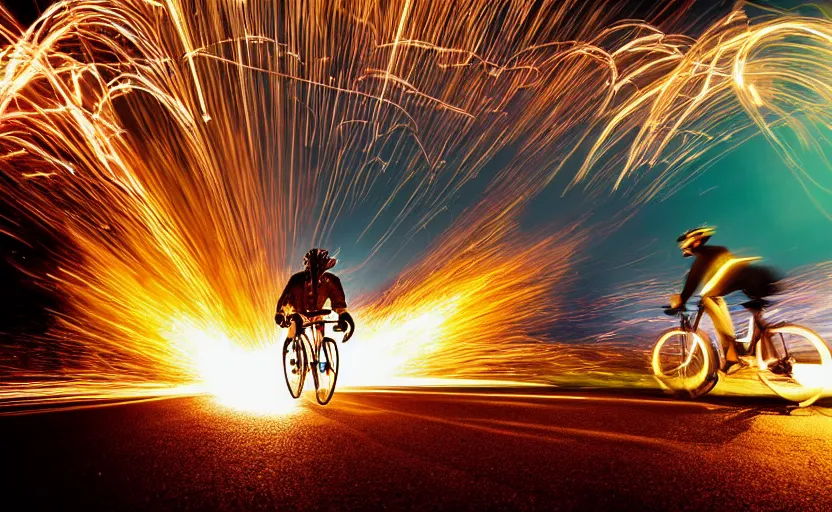 Prompt: a person on a high-tech bicycle with a rocket engine attached to the back, flames and fire shooting out the back, light trails and motion blur and sparks, stylized photo