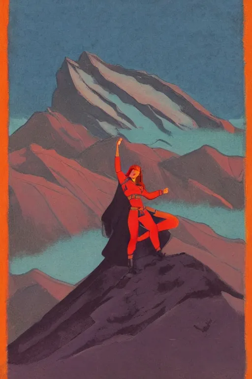 Image similar to black widow ( natasha romanova ) on mountains, marvel, artwork by nicholas roerich,