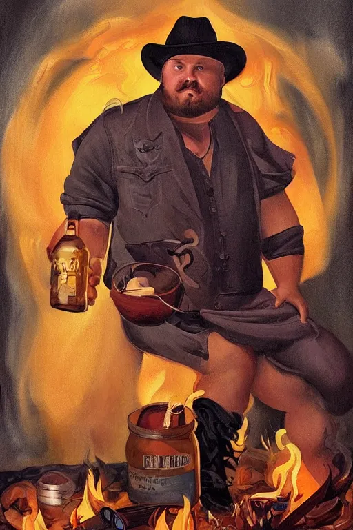 Prompt: a dramatic, ethereal! painting of a handsome!! chubby shirtless mischievous cowboy with a beer belly wearing a leather vest sitting behind a campfire at night with food and jugs of whisky | tarot!! card, art deco, art nouveau | by Mark Maggiori | trending on artstation