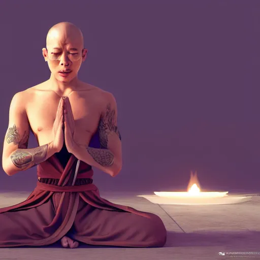 Prompt: an android monk praying with hands above head, monk robe and tattoos, octane render, unreal engine, 8 k, cinematic, artwork by ilya kuvshinov