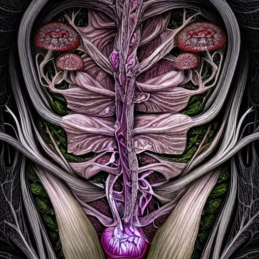 Image similar to a beautiful detailed photo of a rotten woman corpse slash in a half morphing into fractal plants and fractal flowers and mushrooms, muscles, veins, anatomical, intricate, ornate, volumetric light, beautiful lit, romero ressendi