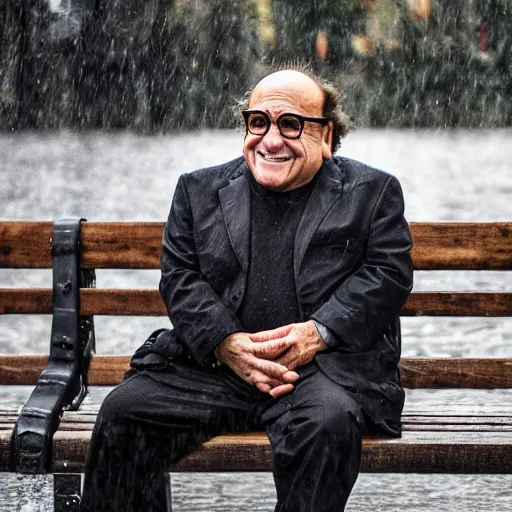 Image similar to danny devito on a bench raining, ( sony a 7 r iv, symmetric balance, polarizing filter, photolab, lightroom, 4 k, dolby vision, photography awardm, voque, perfect face )