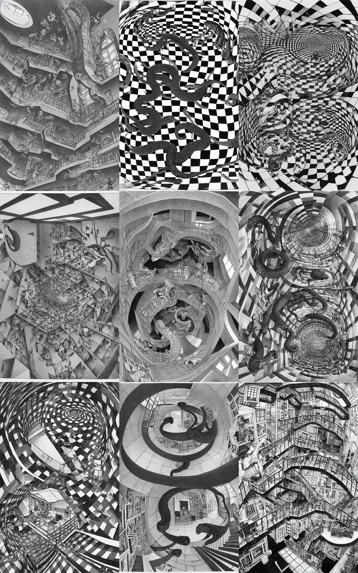 Prompt: m. c. escher. composition : 3 6 0 fish eye lens. scenery : a checkered room. subject : a snake with long red tail.