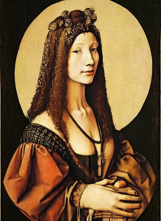 Prompt: portrait of young woman in renaissance dress and renaissance headdress, art by albrecht durer