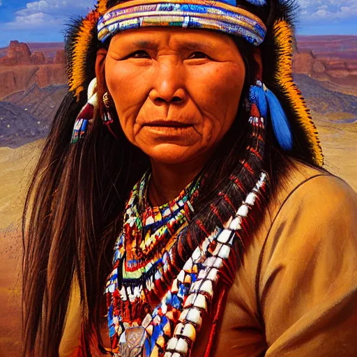 Image similar to portrait of a hopi woman ( 3 5 ) from the hopi reservation in northeastern arizona, an oil painting by ross tran and thomas kincade