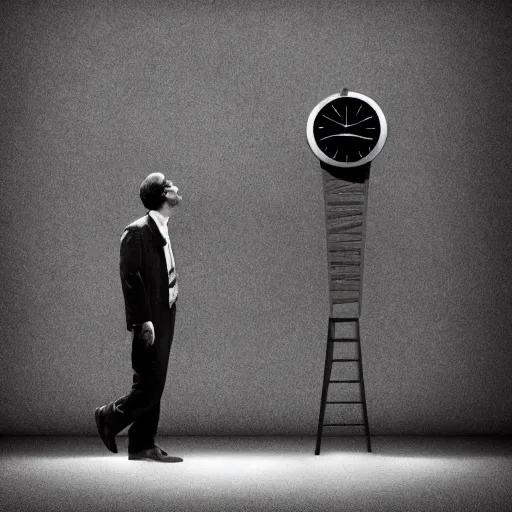 Image similar to Tommy Ingberg One man standing next to a much larger clock ultra detailed hd