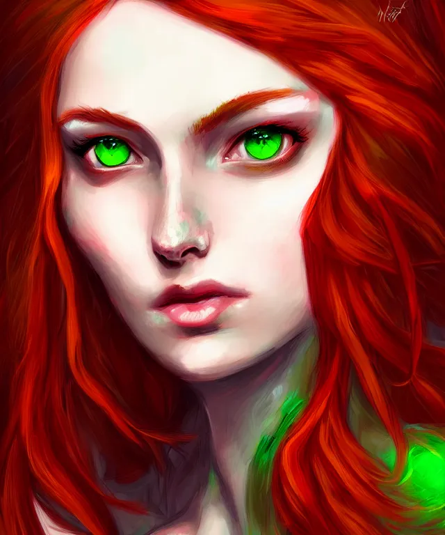 Image similar to Fae teenage girl, portrait, face, long red hair, green highlights, fantasy, intricate, elegant, highly detailed, digital painting, concept art, smooth, sharp focus