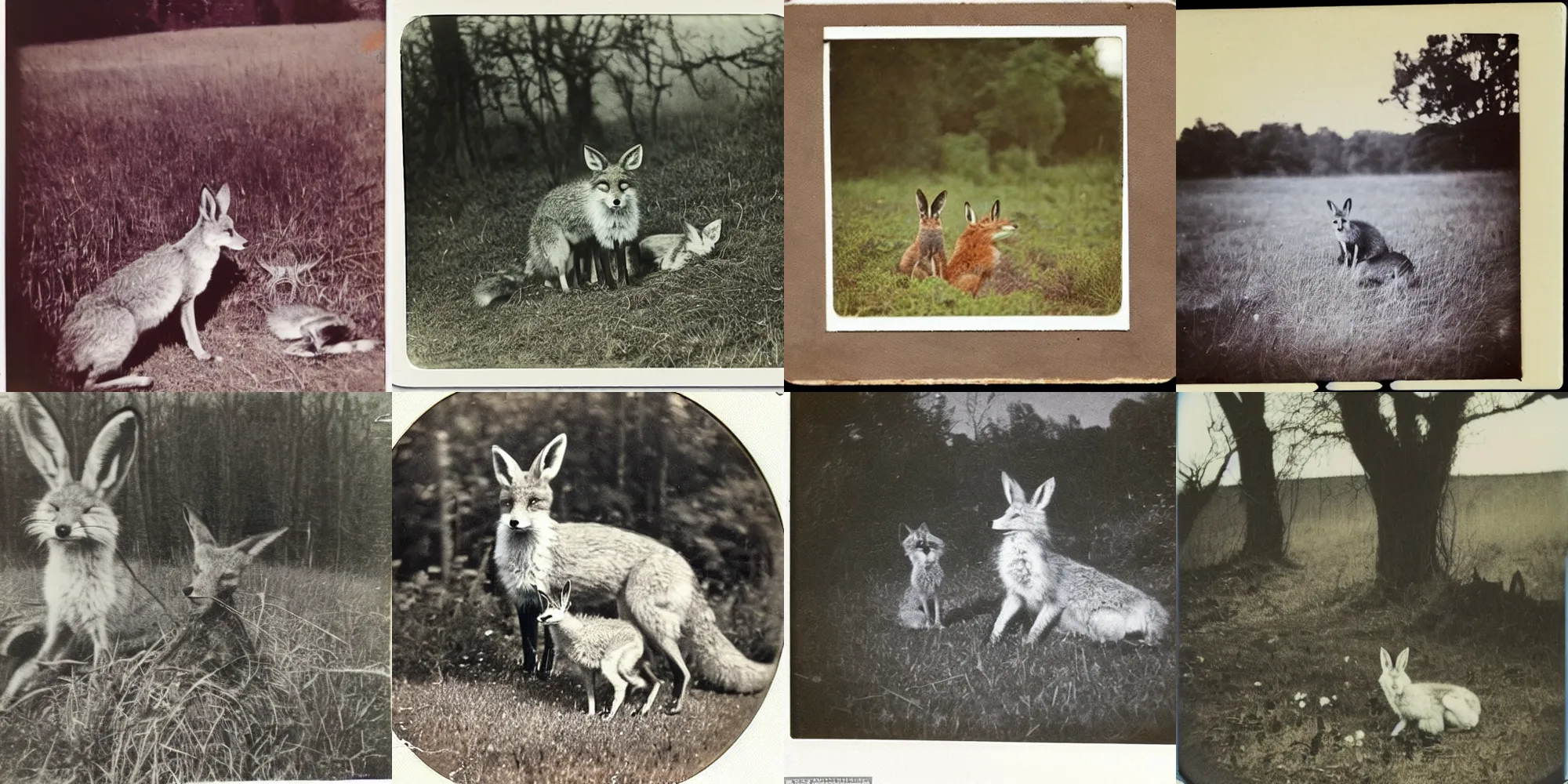 Prompt: old polaroid from 1 9 5 2 depicting a fox and a hare, sitting next to each other peacefully, on a clearing, sunny day