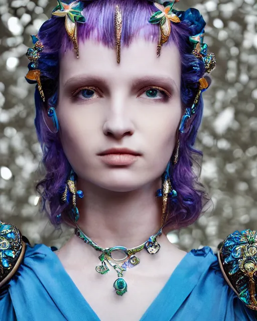 Image similar to natural light, soft focus portrait of an android with soft synthetic pink skin, blue bioluminescent plastics, smooth shiny metal, elaborate ornate head piece, piercings, skin textures, by annie liebovotz,