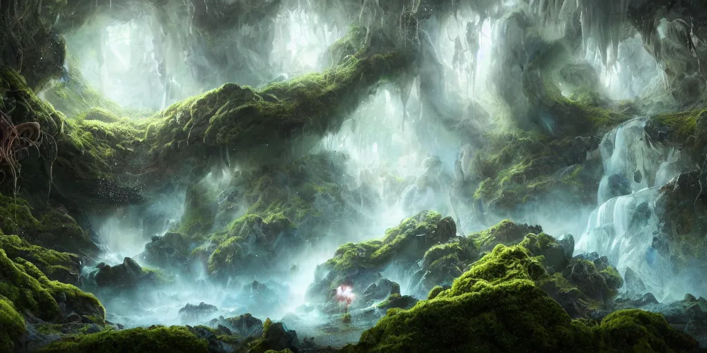 Image similar to tom bagshaw, mythical gigantic space cavern, soft painting 3 d render curiosities carnival pond vegetation rocks mushrooms and tentacles covered moss, luminescent wisps, stunning waterfall, accurate features, focus, very intricate ultrafine details, random volumetric lighting, fog, award winning masterpiece, octane render 8 k hd, artstation