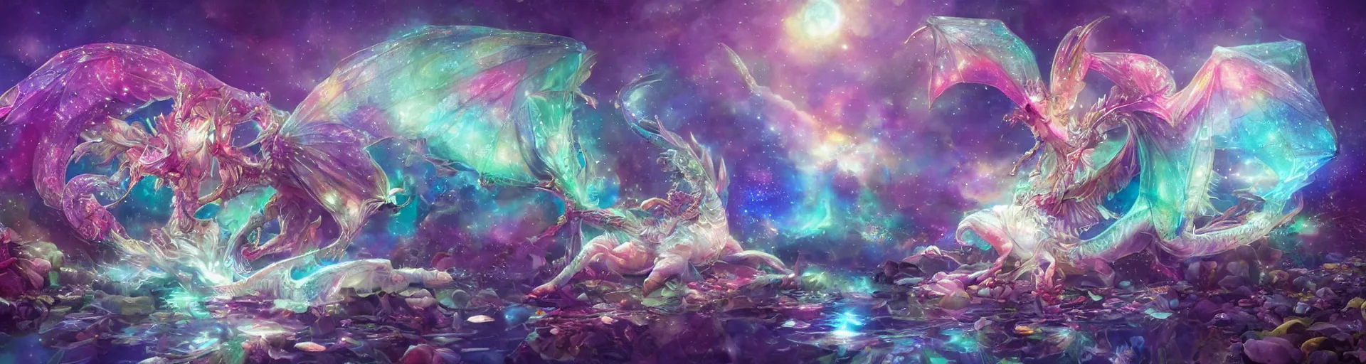 Image similar to a crystal dragon 🐉 , psychedelic, whimsical, 4k, beautiful, a crystal and flower, reflective pool, surrounded by gems, underneath the stars, rainbow fireflies, trending on patreon, deviantart, twitter, artstation, volumetric lighting, heavy contrast, art style of Greg Rutkowski and Miho Hirano and Ross Tran