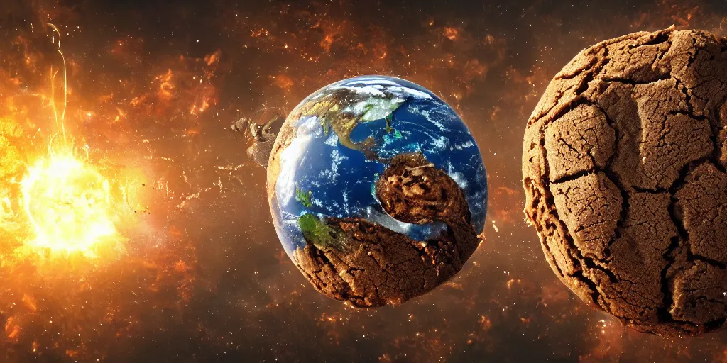 Prompt: Earth being destroyed by a cookie, realistic 4k octane beautifully detailed render, 4k post-processing, highly detailed, intricate complexity, epic composition, magical atmosphere, cinematic lighting, masterpiece, ultra hd