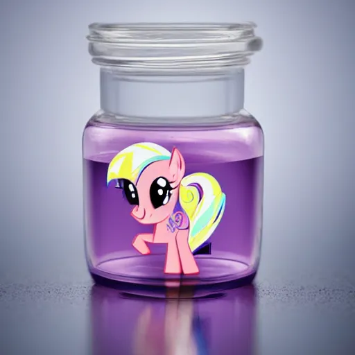 Prompt: a my little pony figure in a jar covered in a mysterious sticky yellowish fluid, photography, 8 k