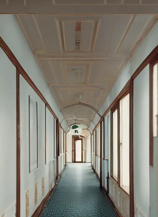 Image similar to photograph of a hallway in the style of wes anderson, architecture magazine, dezeen, 5 0 mm, pentax, film