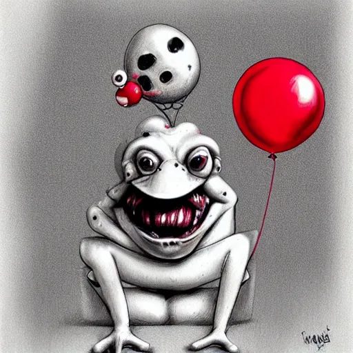 Prompt: surrealism grunge cartoon portrait sketch of a frog with a wide smile and a red balloon by - michael karcz, loony toons style, pennywise style, horror theme, detailed, elegant, intricate