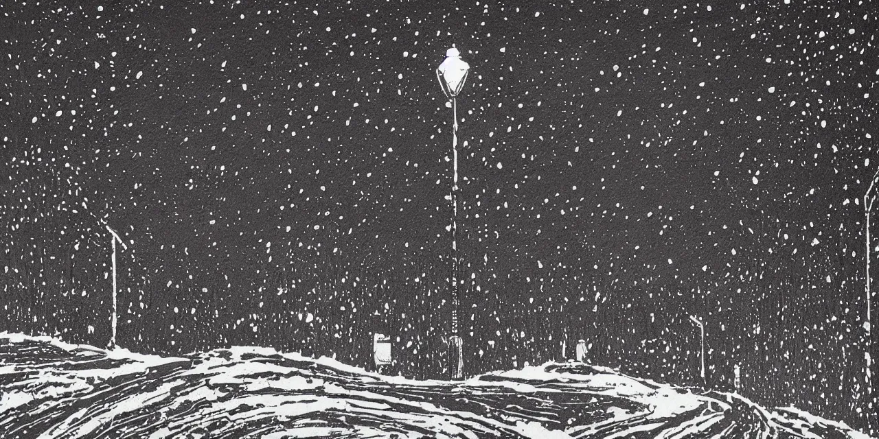 Image similar to laurentian appalachian mountains during winter, original and creative black ink landscape artwork, snowy night, streetlamps, interesting textures