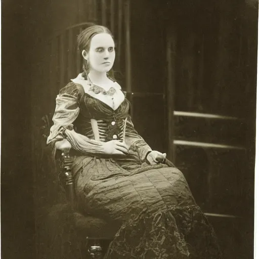 Prompt: photo, young woman, sitting on chair, gothic clothes