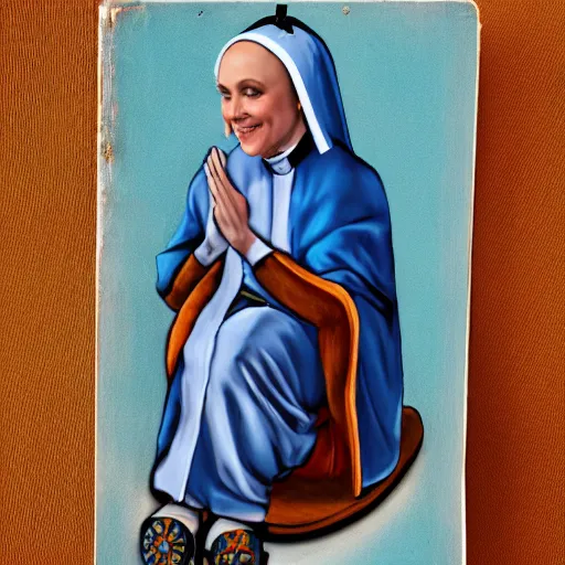 Image similar to blonde nun in blue clothes on roller skates, photorealistic, in the style of michaelangelo