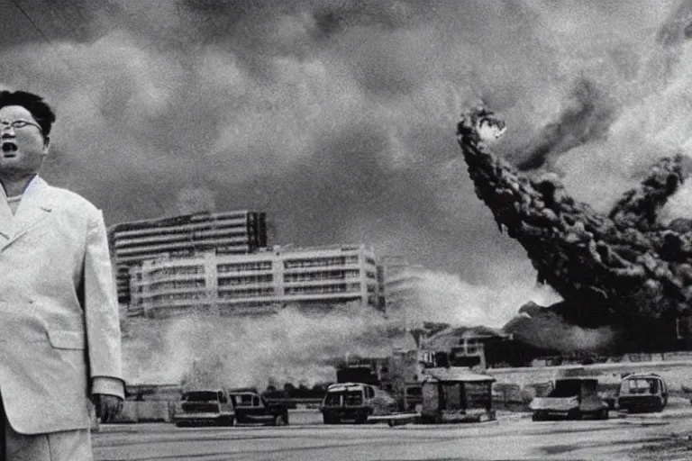 Prompt: a filmstill of Kim Jong-il, monster destroying Pyongyang, in Godzilla (1954) by Ishirō Honda, traditional Korean city, palace, epic ultrawide shot, cinémascope