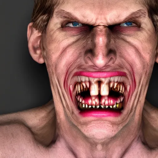 Image similar to Jerma985 with a cheek to cheek smile, sinister looking, evil intent, horror, uncanny, detailed, high resolution, sharpened, close-up, professional photography