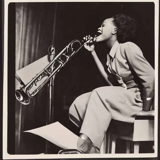 Prompt: A black woman singing in a jazz band, official photograph, album cover, 1945