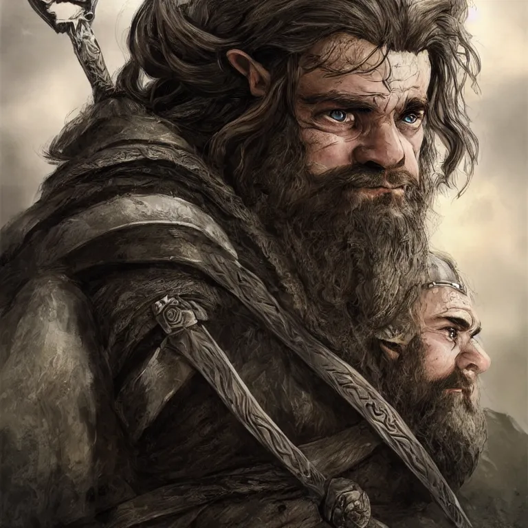 Prompt: handsome dwarf warrior in mountains, lord of the rings style, poster, character portrait, portrait, close up, concept art, intricate details, highly detailed, full body, 8 k