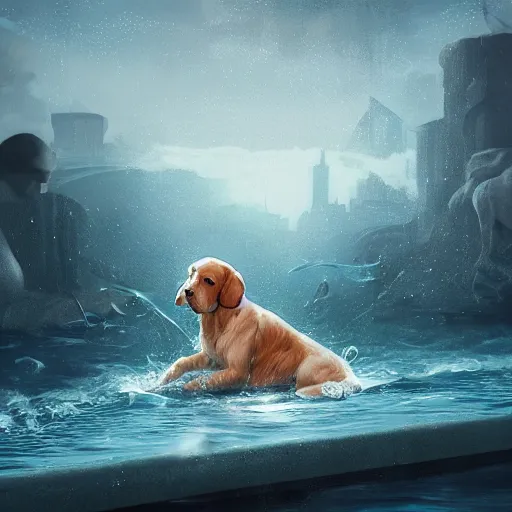 Image similar to dog in the water, stylized, artgerm, artstation, hd, cgsociety, cgi, realistic, dramatic, cinematic, artistic, trending, detailed