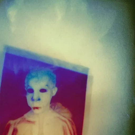 Prompt: coloured atmospheric polaroid photo of a with transparent ghostly banshee corpse body floating in old living room interior flashlight lighting