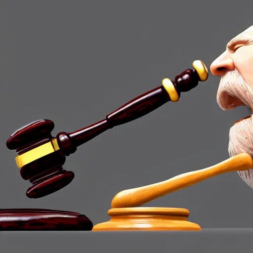 Image similar to a blad judge with bid white beard slams his gavel on the desk, illustration, realistic, 8 k, cinematic