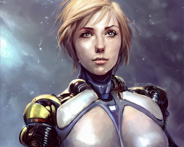 Prompt: portrait of samus aran as a very attractive happy female bodybuilder cyborg, elegant, fantasy, hd shot, digital portrait, beautiful, artstation, comic style, by artgerm, guy denning, jakub rozalski, magali villeneuve and charlie bowater