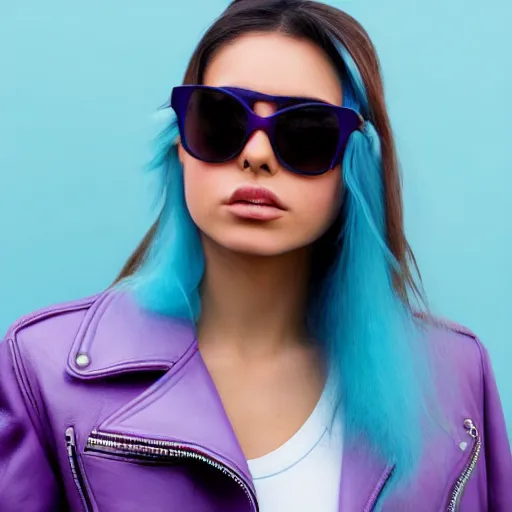 Prompt: closeup painting of a very beautiful young mexican woman with light blue shutter shades, one side haircut, long brown hair with light blue ends, purple leather jacket