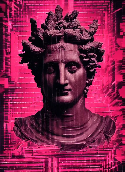 Prompt: dark design poster showing a statue of dionysus, black background with very subtle red and purple design elements, powerful, nekro, vito acconci, thin straight lines, dark, glitch art, neo vaporwave, gritty, layout frame, square, trending on artstation