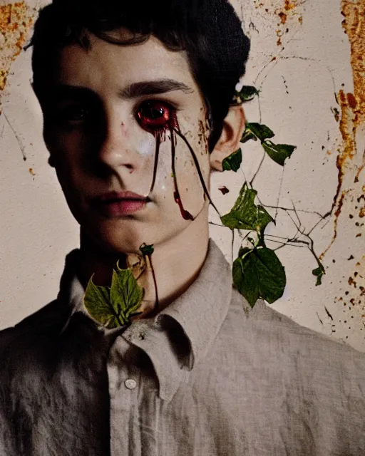 Image similar to a beautiful but sinister young man in layers of fear, with haunted eyes, wearing a linen shirt, 1 9 7 0 s, seventies, floral wallpaper, wilted flowers, a little blood, morning light showing injuries, delicate ex embellishments, painterly, offset printing technique