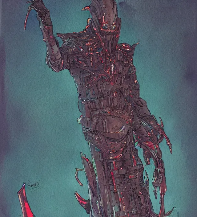 Prompt: a watercolor ink painting of a cyberpunk grimdark demon in the style of jean giraud in the style of moebius trending on artstation deviantart pinterest detailed realistic hd 8 k high resolution