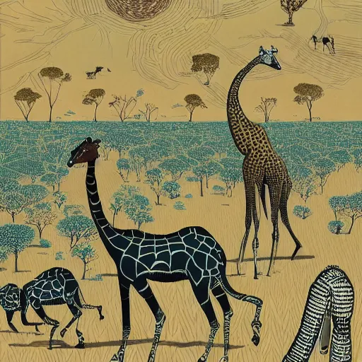 Prompt: safari on a surreal martian like world, strange unknown tall giraffe like creatures roaming the barren plains, woodblock, black fine lines on warm brown, by victo ngai, by stanley donwoood