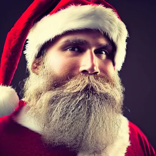 Prompt: hyperrealistic photograph of a brown-haired viking Santa Claus, 8k, profile picture, cinematic, high contrast, epic real fantasy, stoic facial expression, looking at the camera