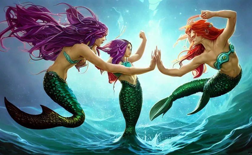 Image similar to two mermaids leaping from water to fistbump, fantasy, whimsical, dungeons and dragons, league of legends splash art, heroes of the storm splash art, hearthstone splash art, world of warcraft splash art, overwatch splash art, art by artgerm, art by alphonse mucha, intricately detailed, highly detailed, trending on artstation,