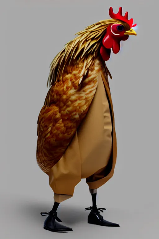 Image similar to a chicken wearing a formal overcoat, hyperrealistic, concept art, octane render, unreal engine 5, trending on artstation, high quality, highly detailed, 8 k, soft lighting, path traced, high coherence, digital art, beautiful, elegant clothes, trending on deviantart, masterpiece