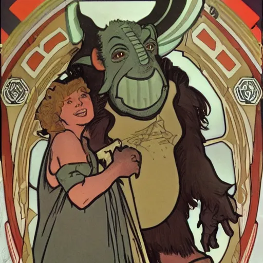 Image similar to baby gamorrean guard being looked after by tom baker dr who, alphonse mucha