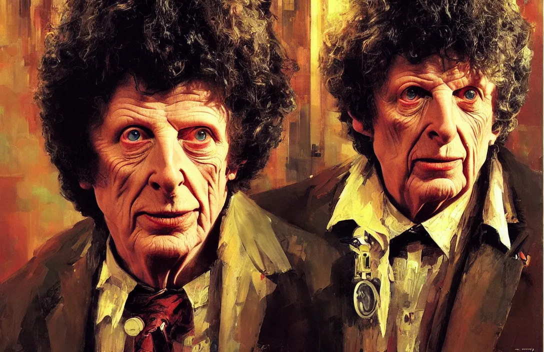 Prompt: portrait of tom baker as dr. who!!!!!!!!!!!!!!!!!!!!!!!!!!!, detailed face, detailed painting, epic lighting, by ilya repin, phil hale and kent williams