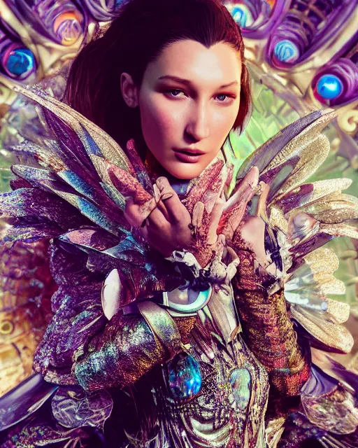 Image similar to a highly detailed metahuman 8 k close up render of bella hadid as alice in wonderland renaissance in iris van herpen dress schiaparelli in diamonds crystals swarovski and jewelry iridescent in style of alphonse mucha gustav klimt trending on artstation made in unreal engine 4