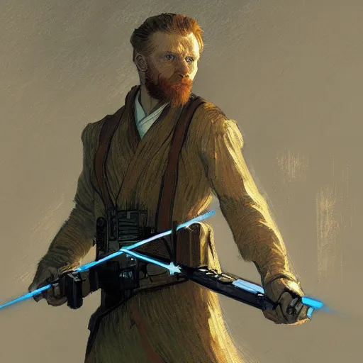 Prompt: van gogh as a star wars jedi knight with a force field around, cinematic lighting, highly detailed, concept art, art by wlop and artgerm and greg rutkowski, masterpiece, trending on artstation, 8 k